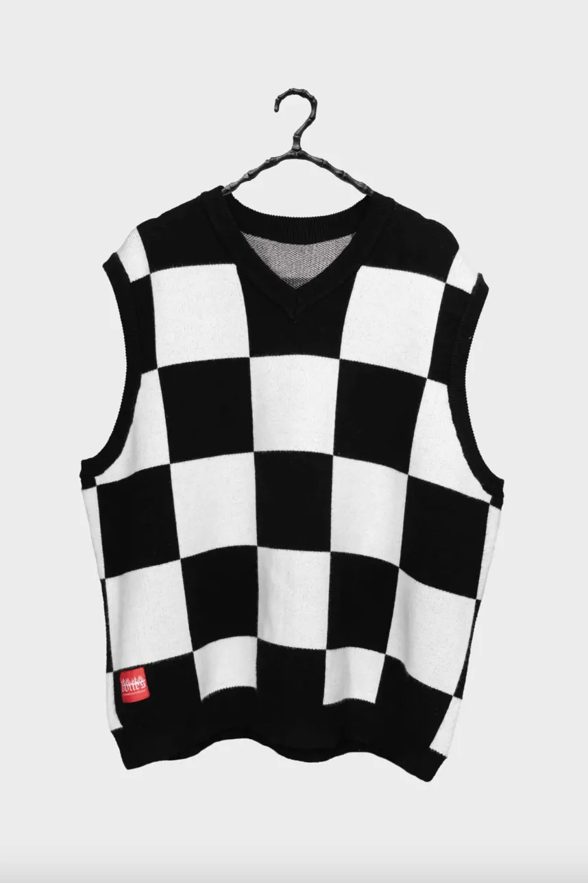 BILLY BONES CLUB CHECKERED KNIT UNISEX VEST - BLACK WHITE CHECK