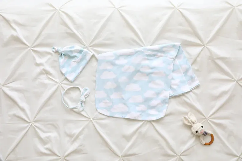 Clouds Baby Swaddle Blanket, Bow Headband & Personalized Hat  Soothing Wrap for Peaceful Sleep