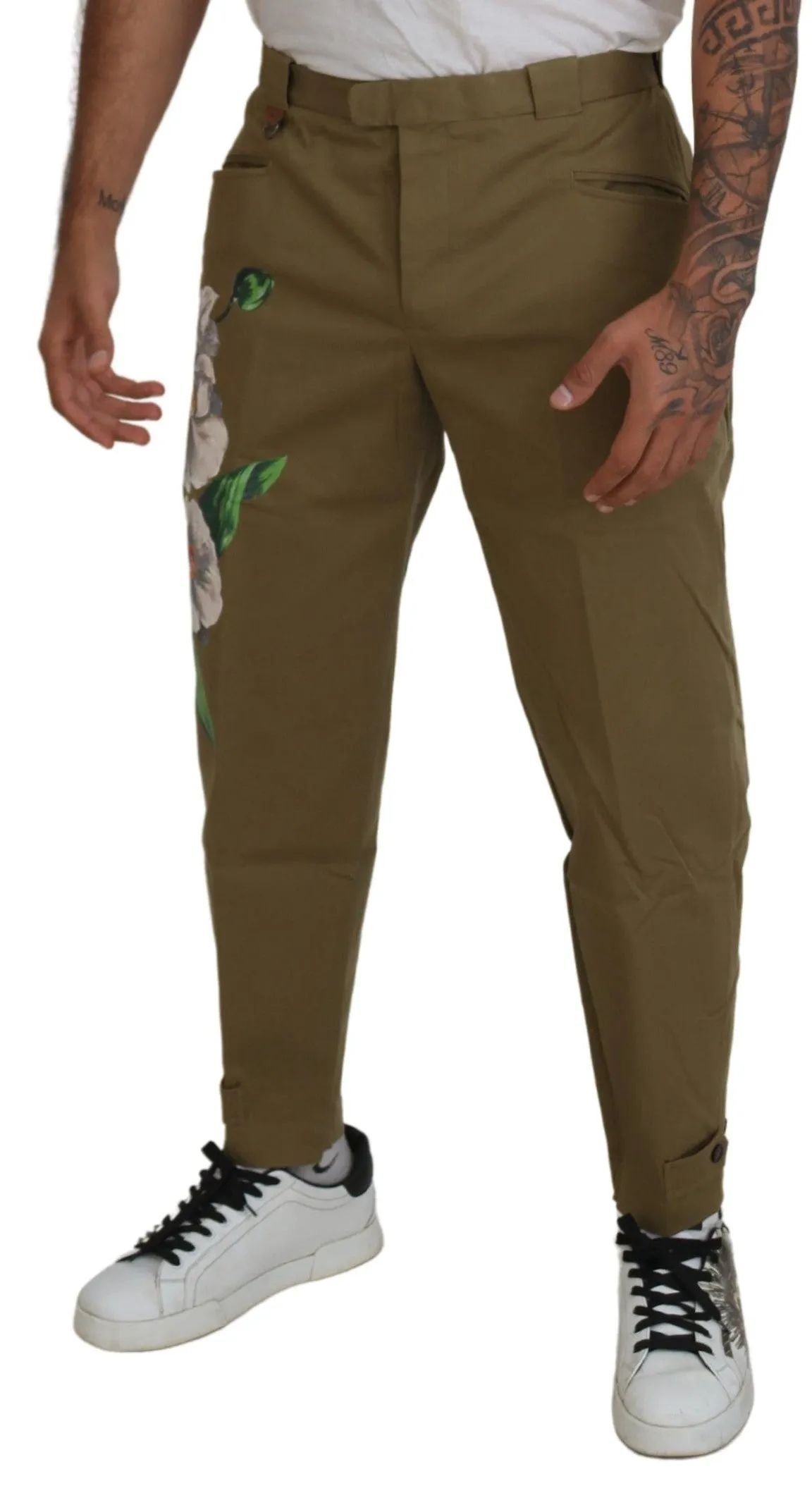 Exquisite Floral Beige Chino Pants