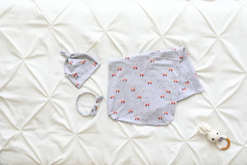 Fox Baby Swaddle Blanket, Bow Headband & Personalized Hat  Soothing Wrap for Peaceful Sleep
