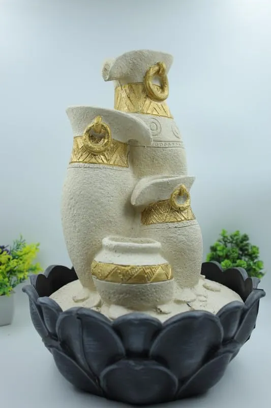 KRN Three Step Matki Tabletop Water Fountain for Home Decor | Patio Fountains | Indoor Waterfall Fountain | Tabletop Fountain - Decorative Gifting Item for Any Occasion - Polystone (Beige)
