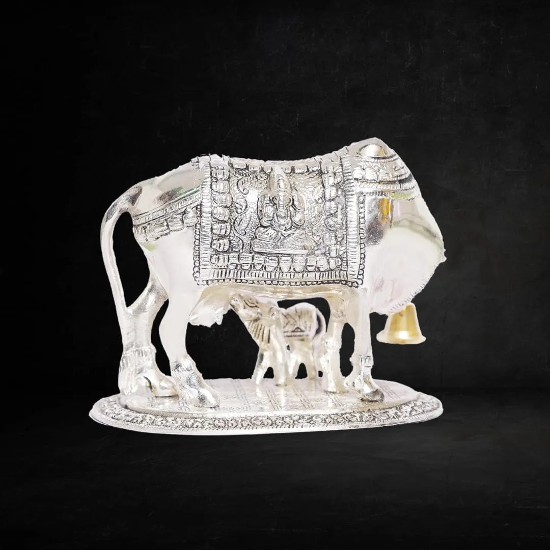 Metal Illuminati Kart-Golden Kamdhenu Cow With Calf Statue Idol For Good Luck-Kamdhenu Gau Mata-Gau Mata-Kamdhenu Gayn-Icchamurti Cow|Gai Bachda|Kamdhenu Cow Idol|Kamdhenu Cow Idol,5 Centimeters,5 CM