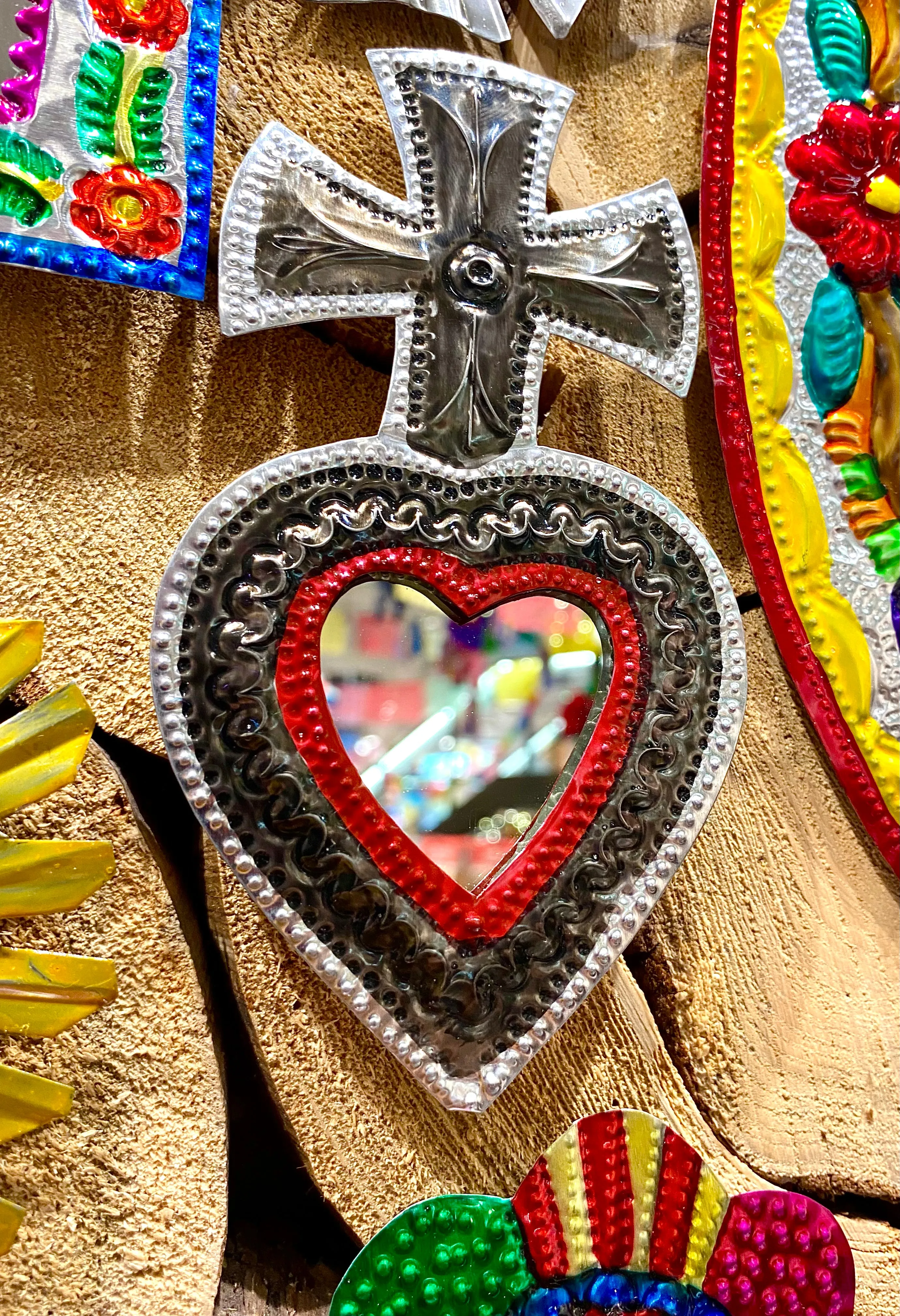 Mexican Tin Sacred Heart Mirror Ornament