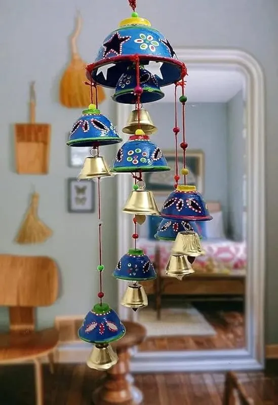 PANCHOLI UNIQUE Plastic Rajasthani Design Handcrafted Hanging Windchimes|Latkan with 8 Bells for Home Dcor & Positive Energy(Blue)