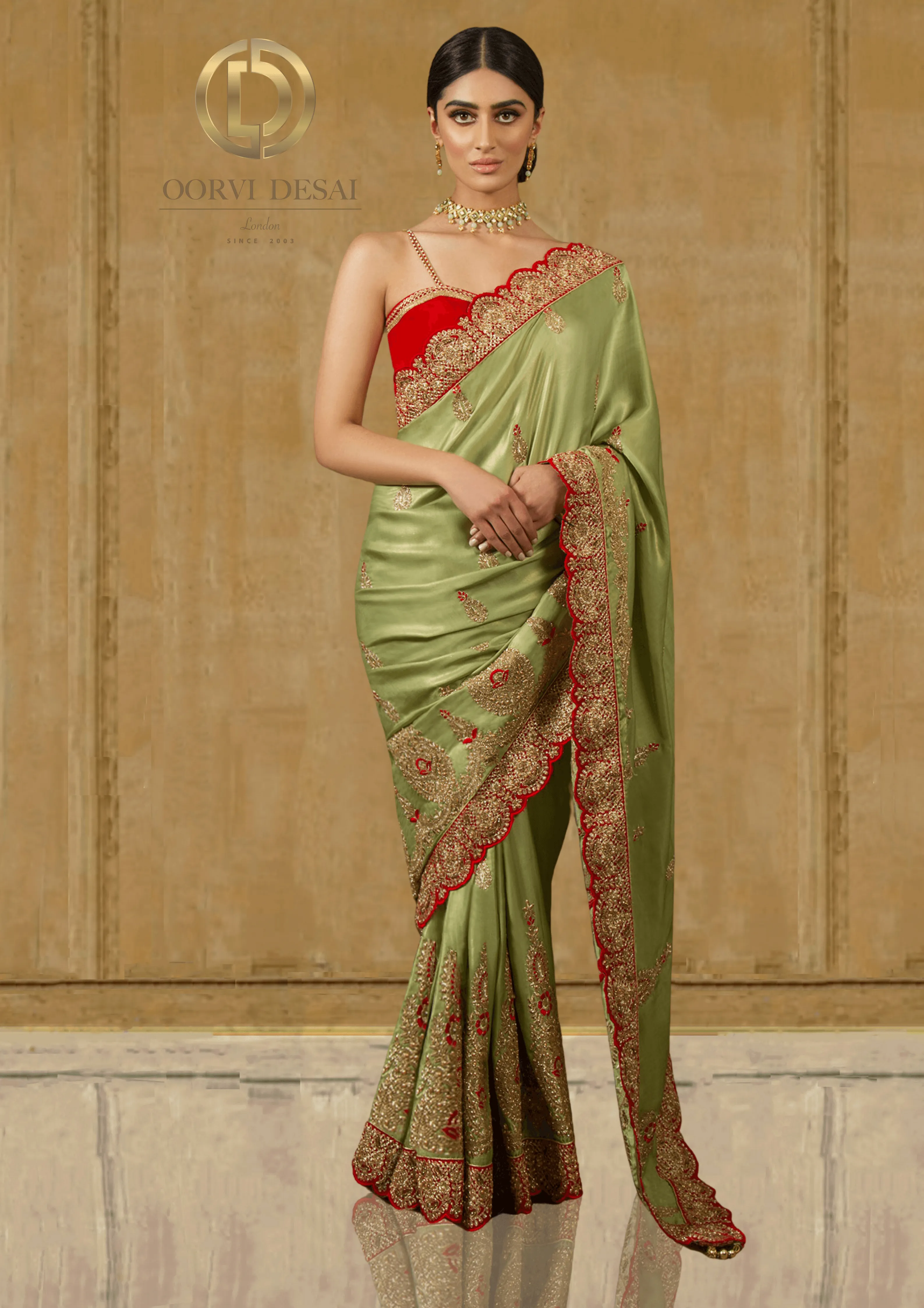 Pistachio Green Silk Saree with Red Embroidered Border