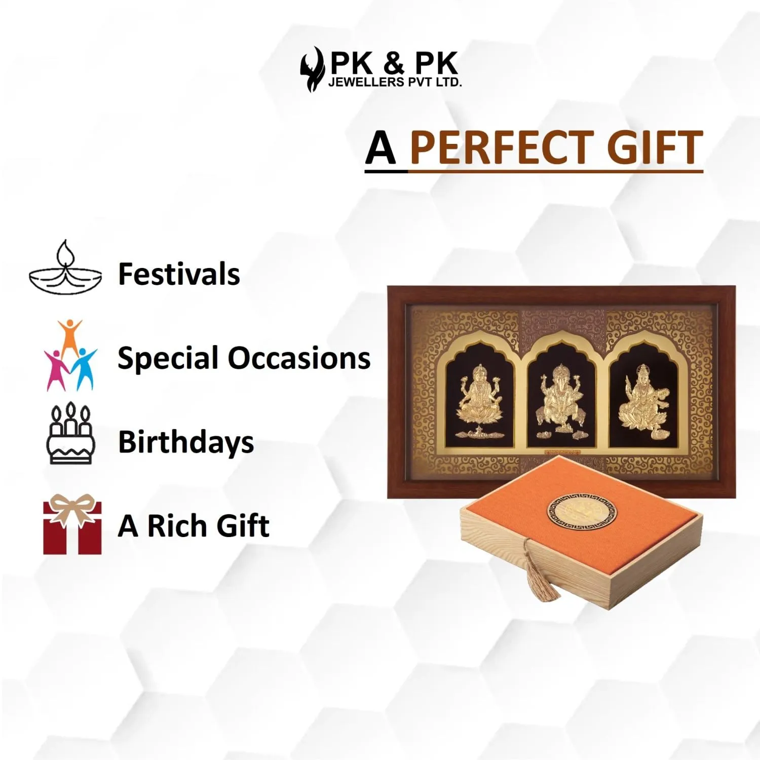 Pk & Pk Jewellers Laxmi Ganesh Saraswati | 24KT Gold Frame | Temple Collection | Medium Size [30x18.5 cm] (For Premium Gift, Temple, Table Decor, Home Decoration)