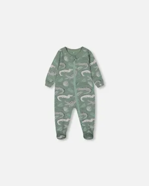 Printed Organic Cotton One-Piece Pajama Light Sage And Gray Crocodile