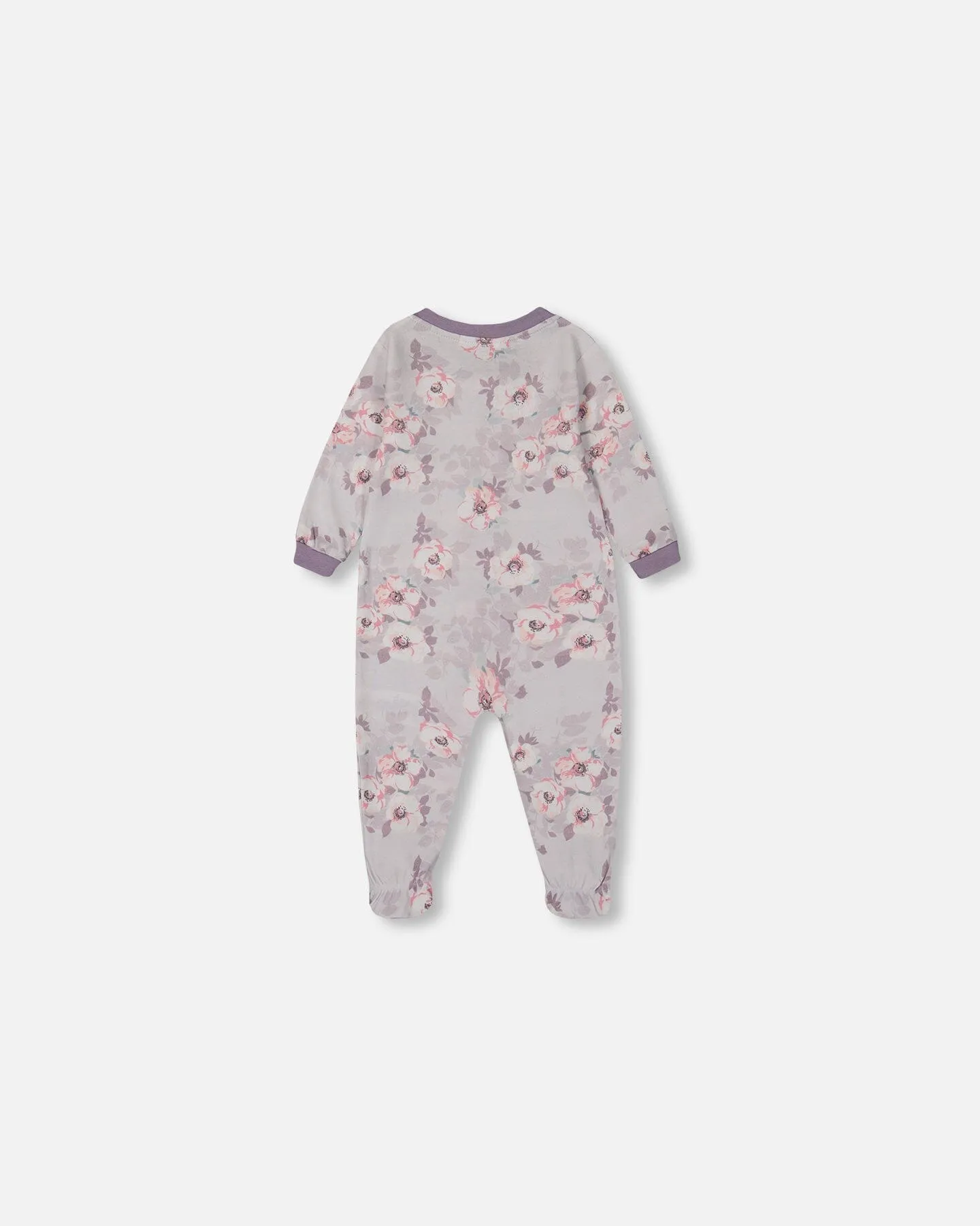 Printed Organic Cotton One-Piece Pajama Pale Pink Flowers On Neutral Lilac