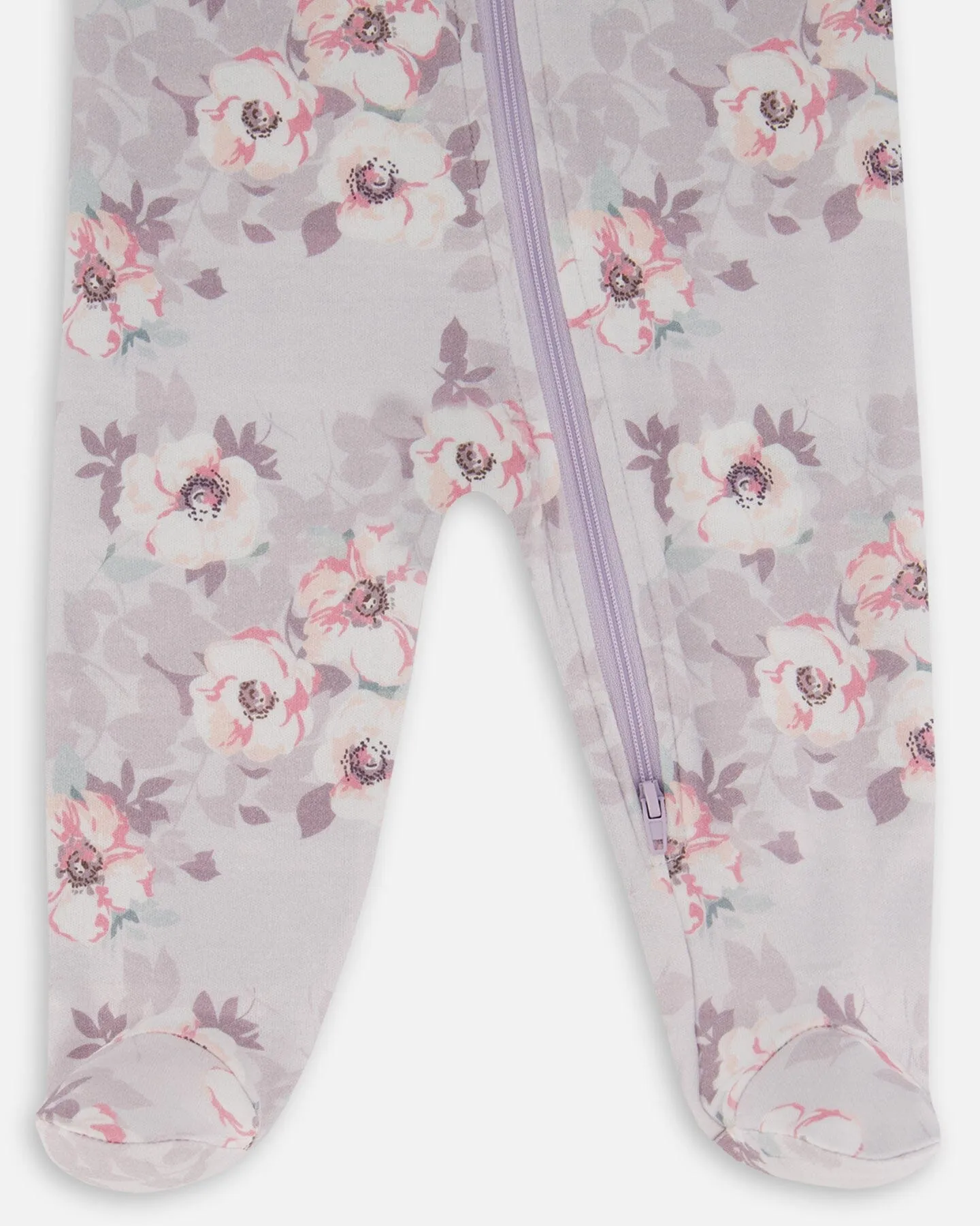 Printed Organic Cotton One-Piece Pajama Pale Pink Flowers On Neutral Lilac