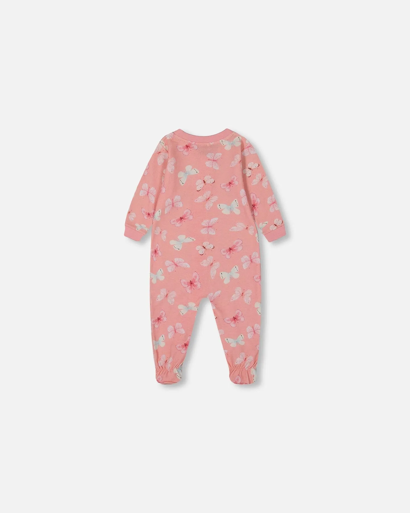 Printed Organic Cotton One-Piece Pajama Pink And Blue Butterflies On Old Pink