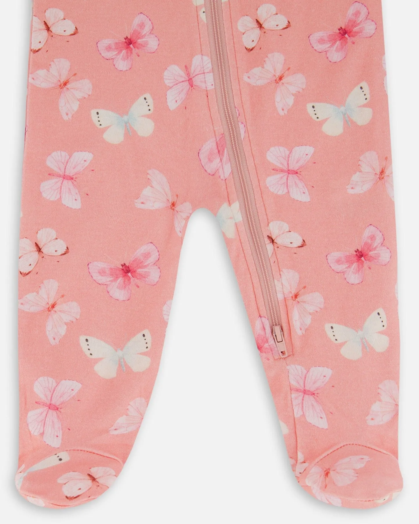 Printed Organic Cotton One-Piece Pajama Pink And Blue Butterflies On Old Pink