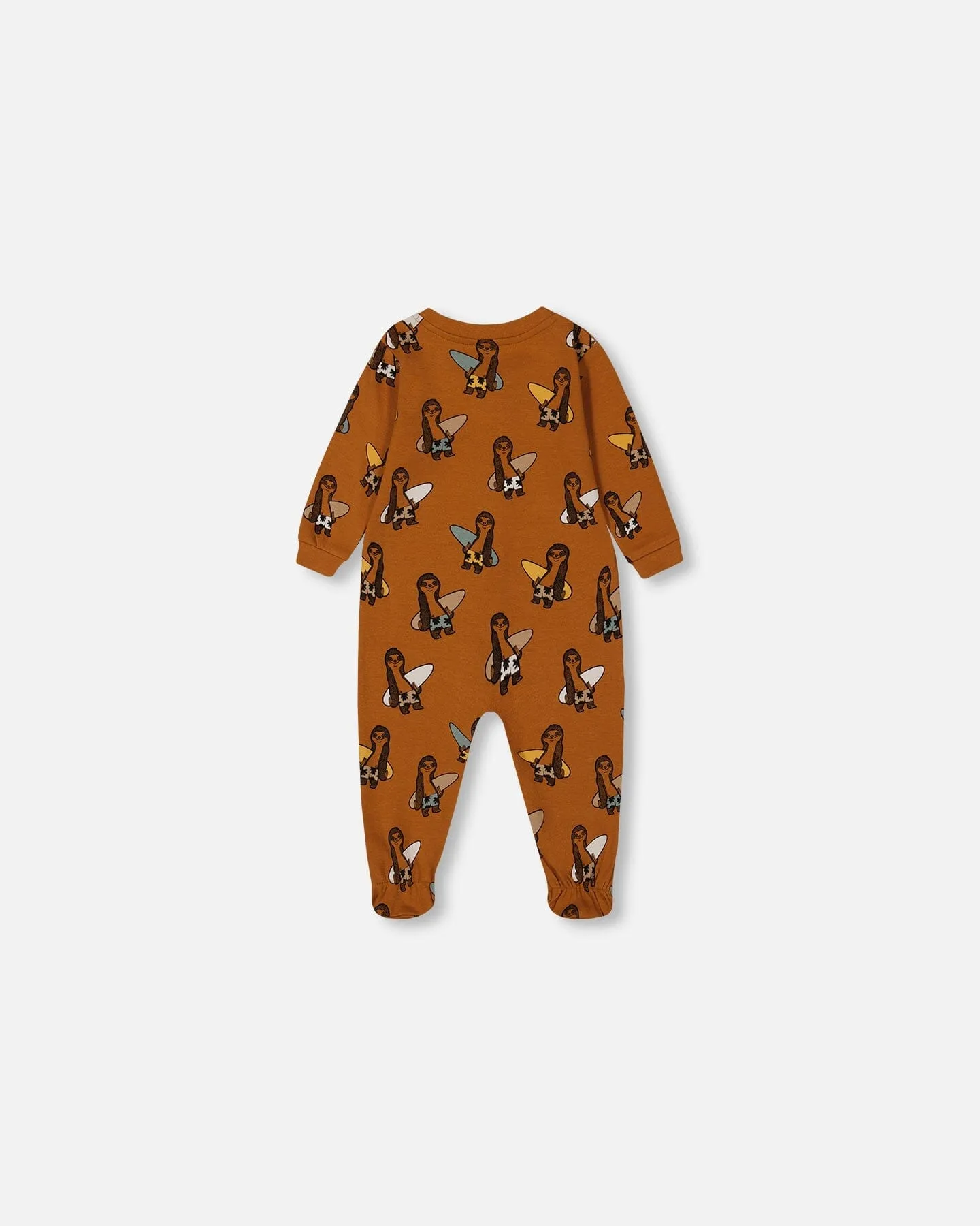 Printed Organic Cotton One-Piece Pajama Sloths On Tan Background