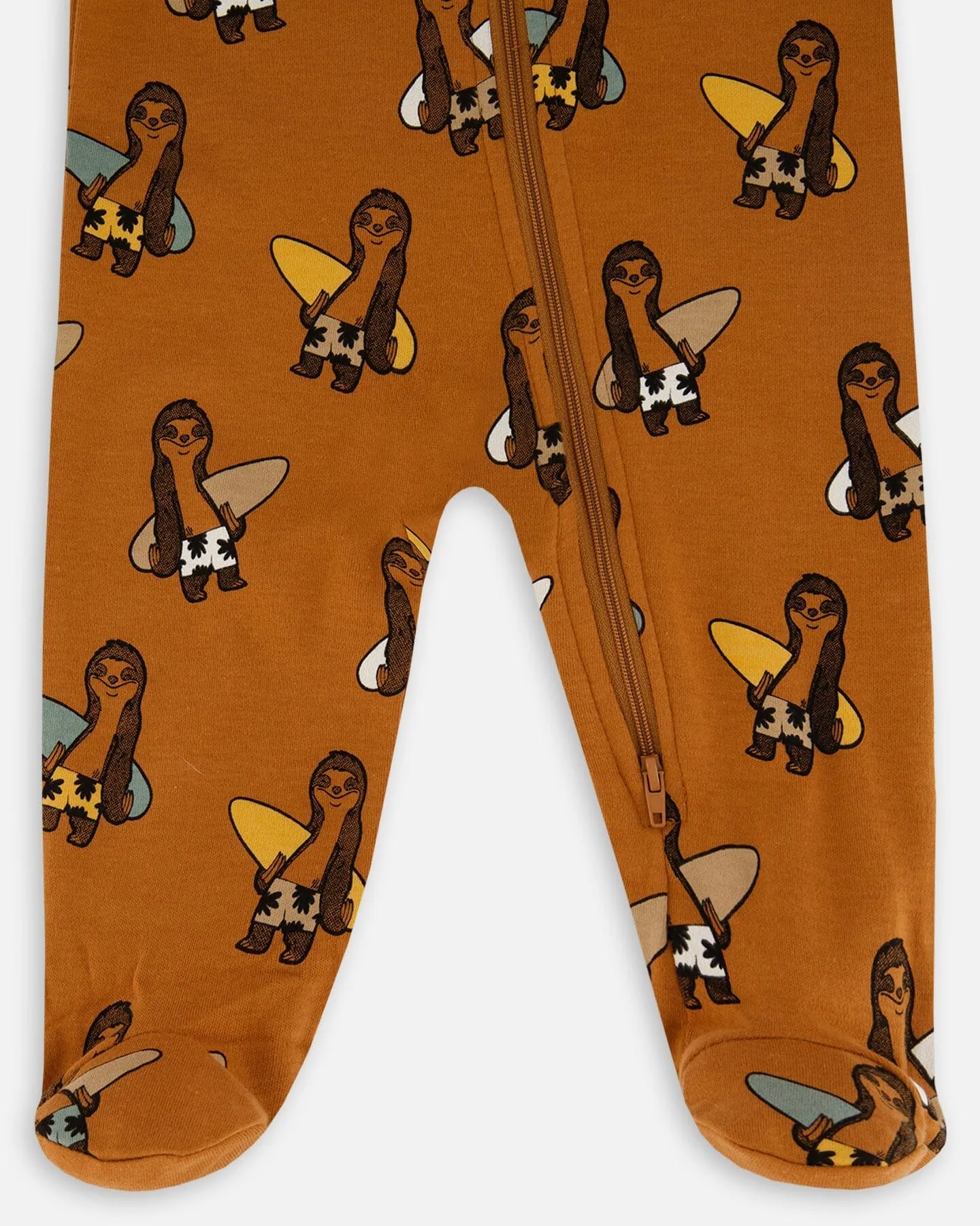 Printed Organic Cotton One-Piece Pajama Sloths On Tan Background