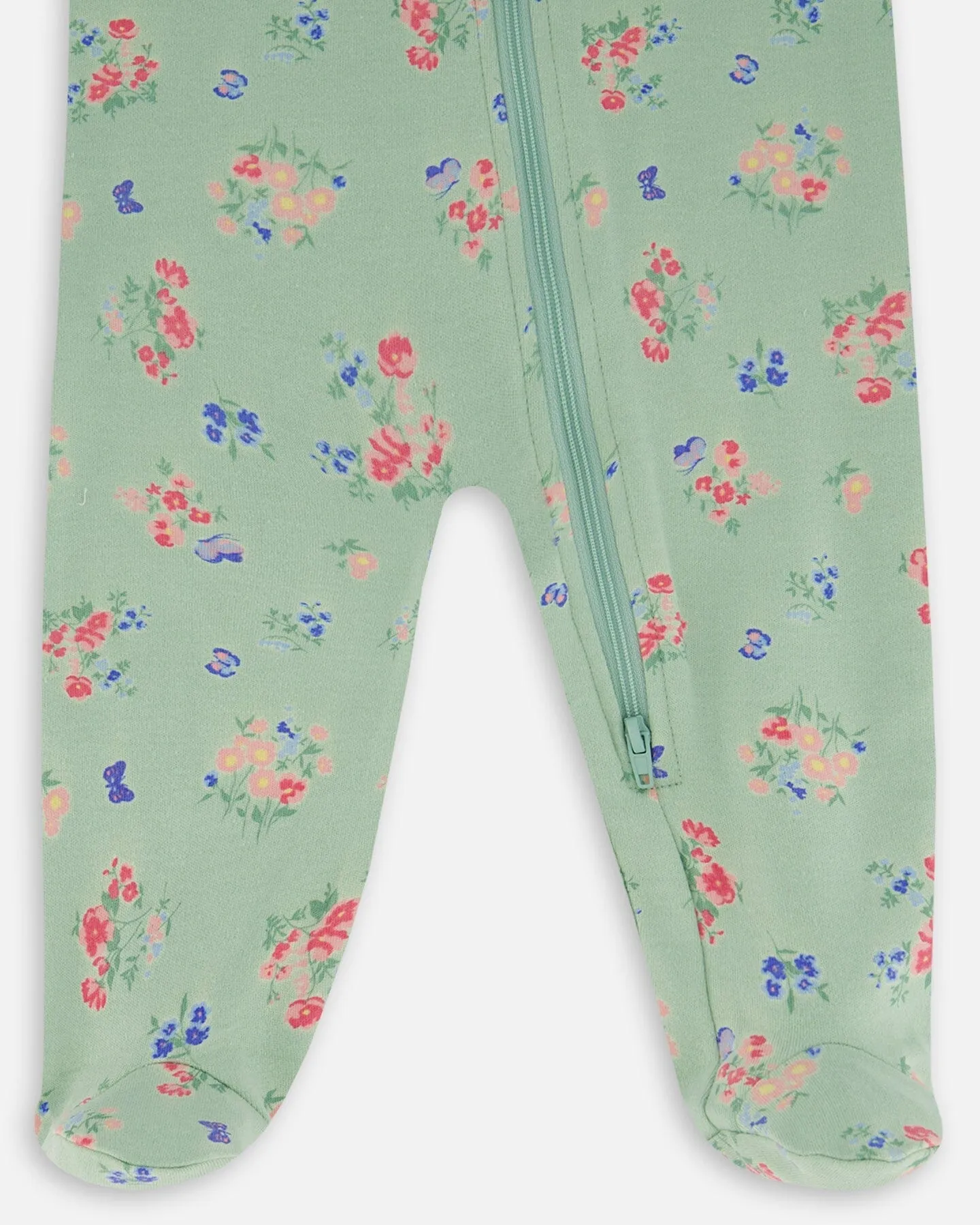 Printed Organic Cotton One-Piece Pajama Small Pink And Blue Flowers On Light Sage