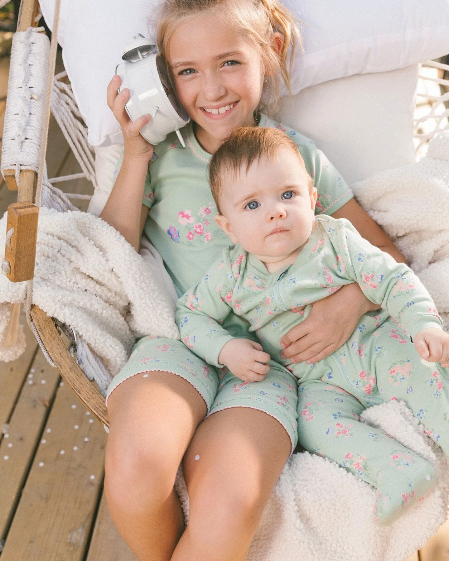 Printed Organic Cotton One-Piece Pajama Small Pink And Blue Flowers On Light Sage