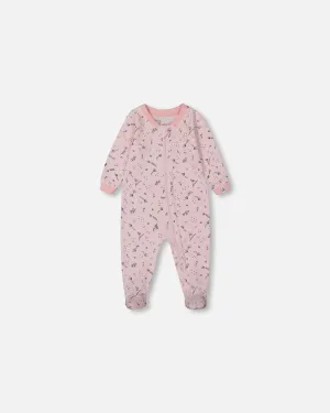 Printed Organic Cotton One-Piece Pajama Small Pink Flowers On Pale Pink Background