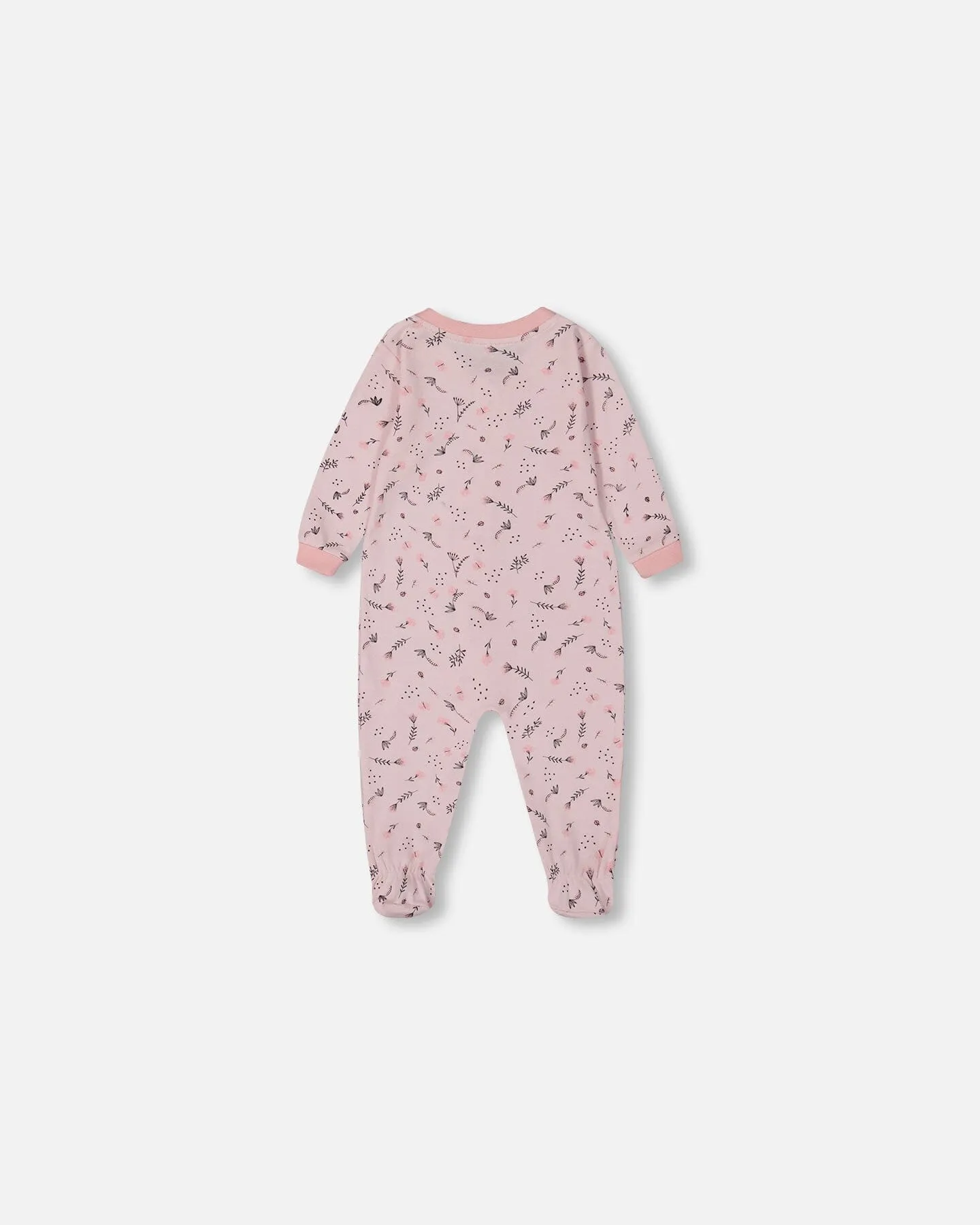 Printed Organic Cotton One-Piece Pajama Small Pink Flowers On Pale Pink Background