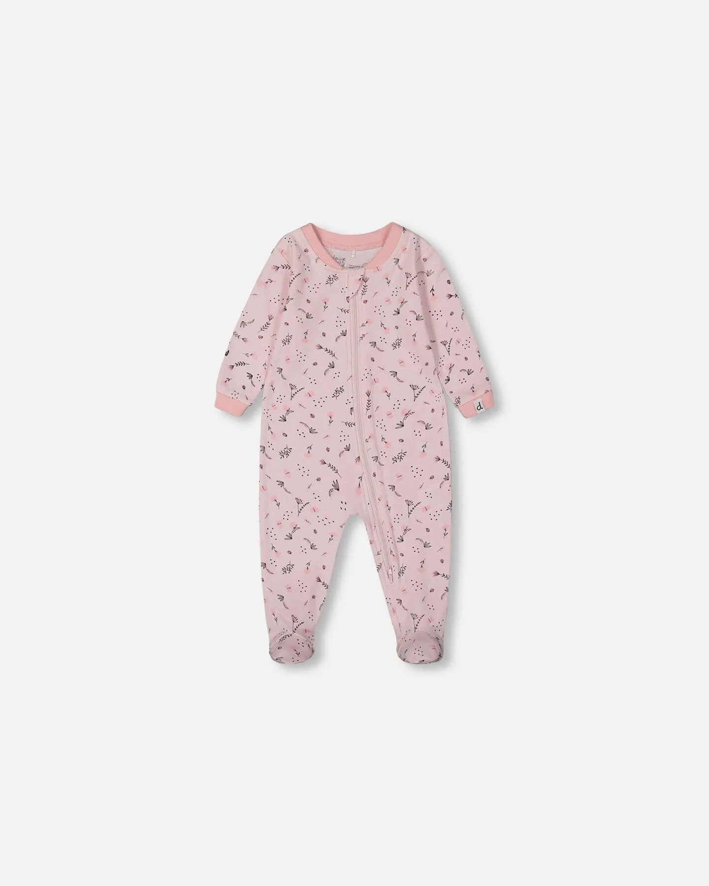 Printed Organic Cotton One-Piece Pajama Small Pink Flowers On Pale Pink Background