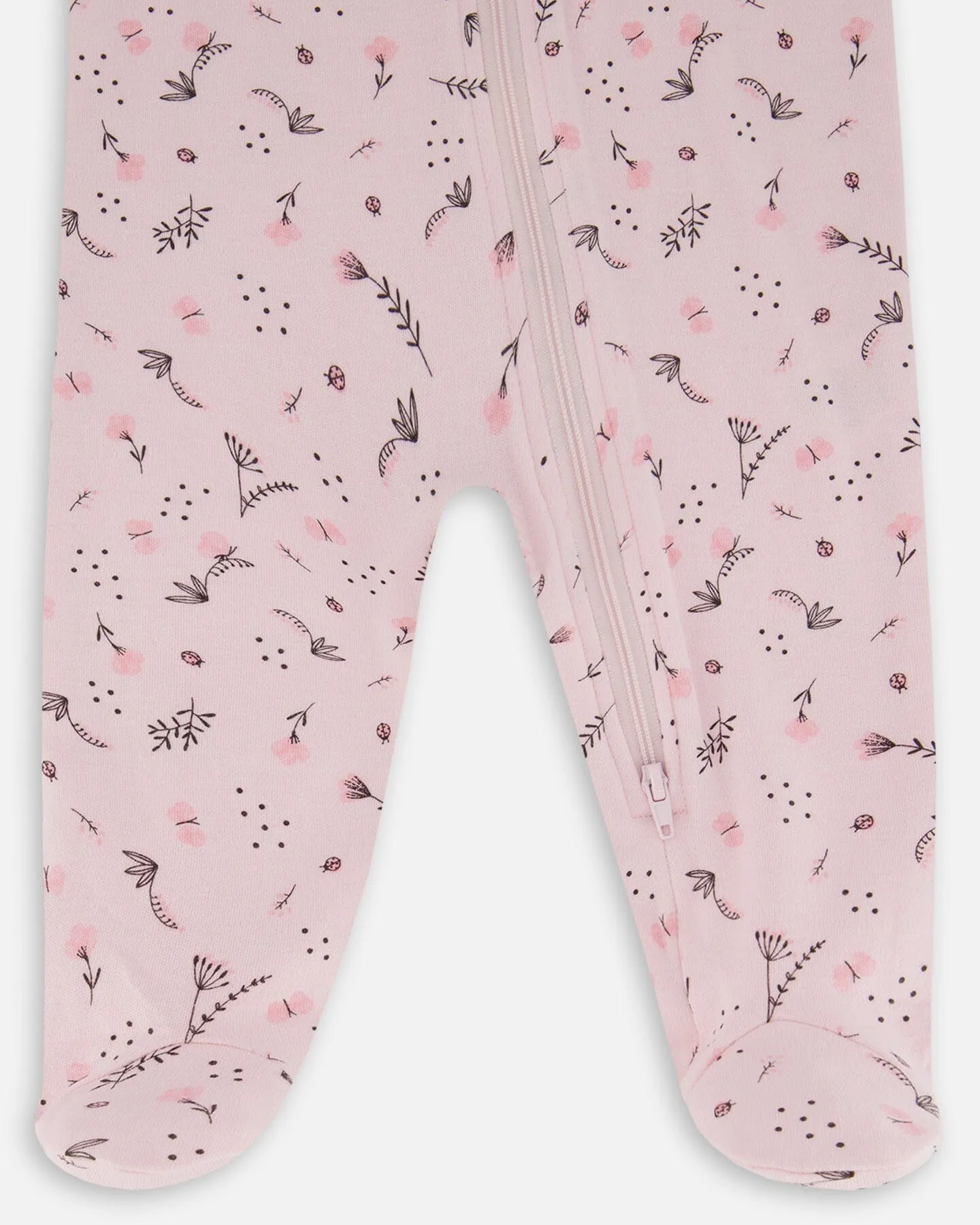 Printed Organic Cotton One-Piece Pajama Small Pink Flowers On Pale Pink Background