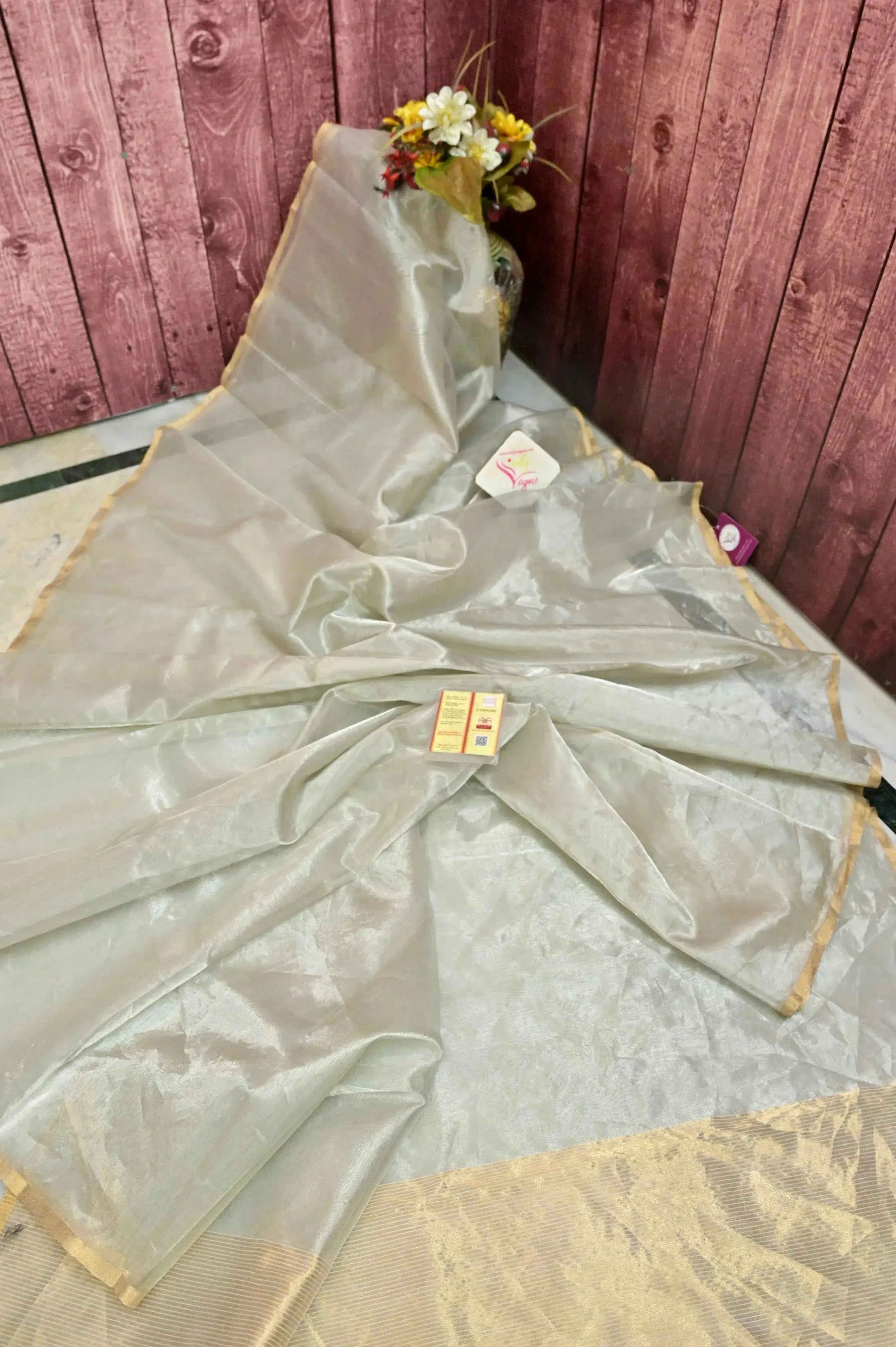 Silver Color Pure Tissue Chanderi Silk Saree with Golden Zari Work