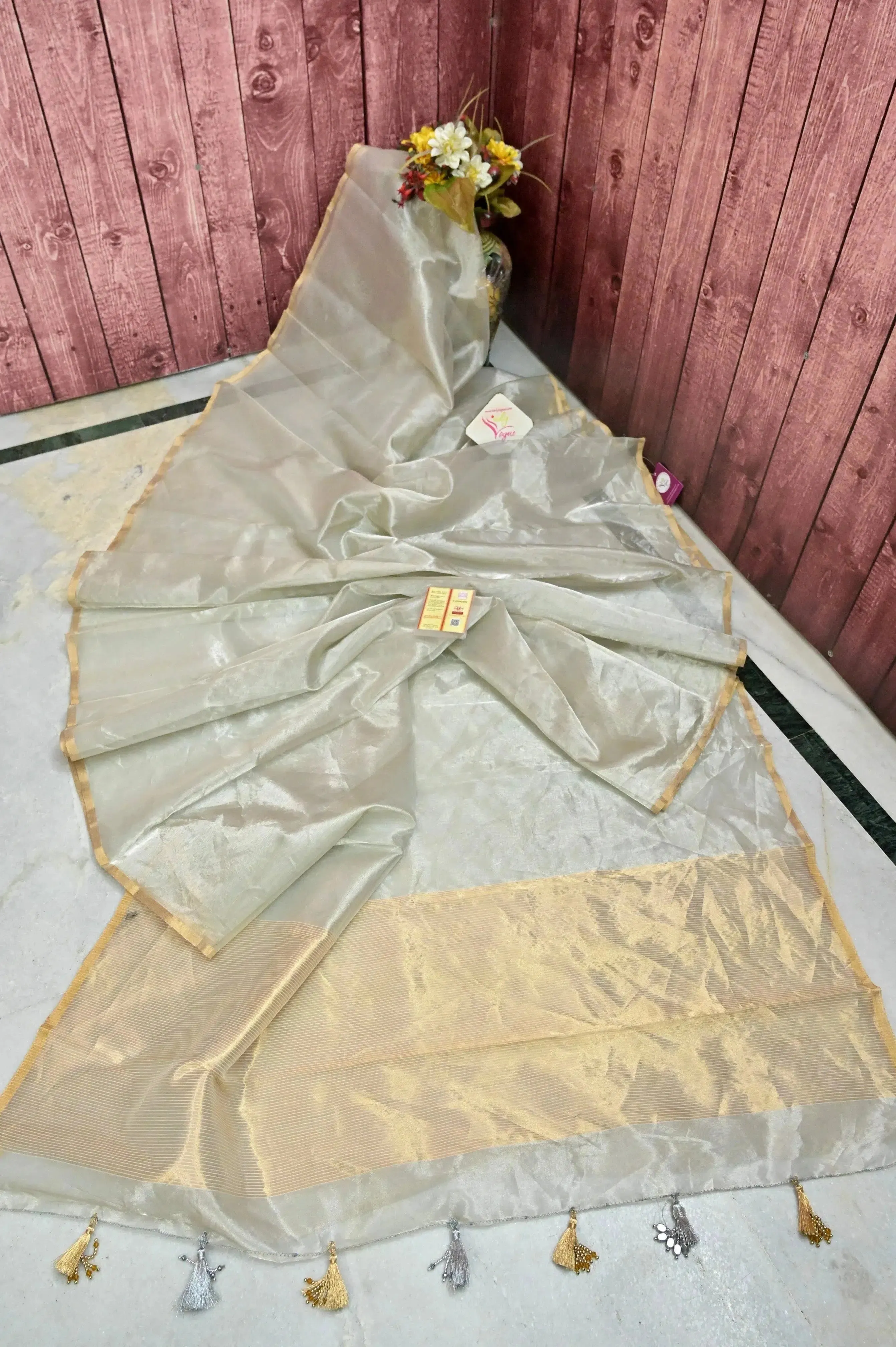 Silver Color Pure Tissue Chanderi Silk Saree with Golden Zari Work