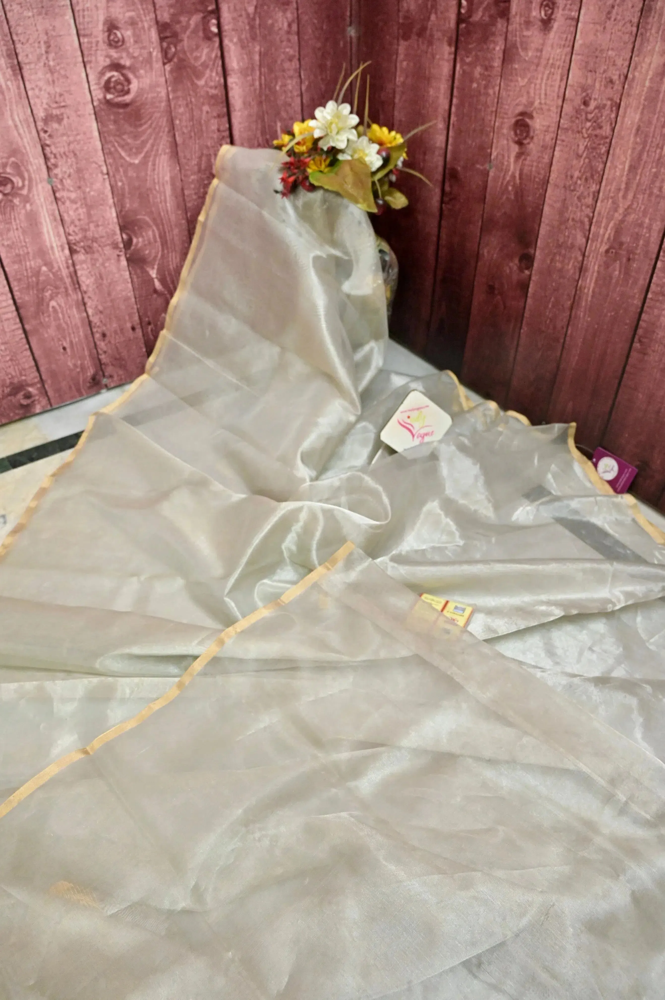 Silver Color Pure Tissue Chanderi Silk Saree with Golden Zari Work