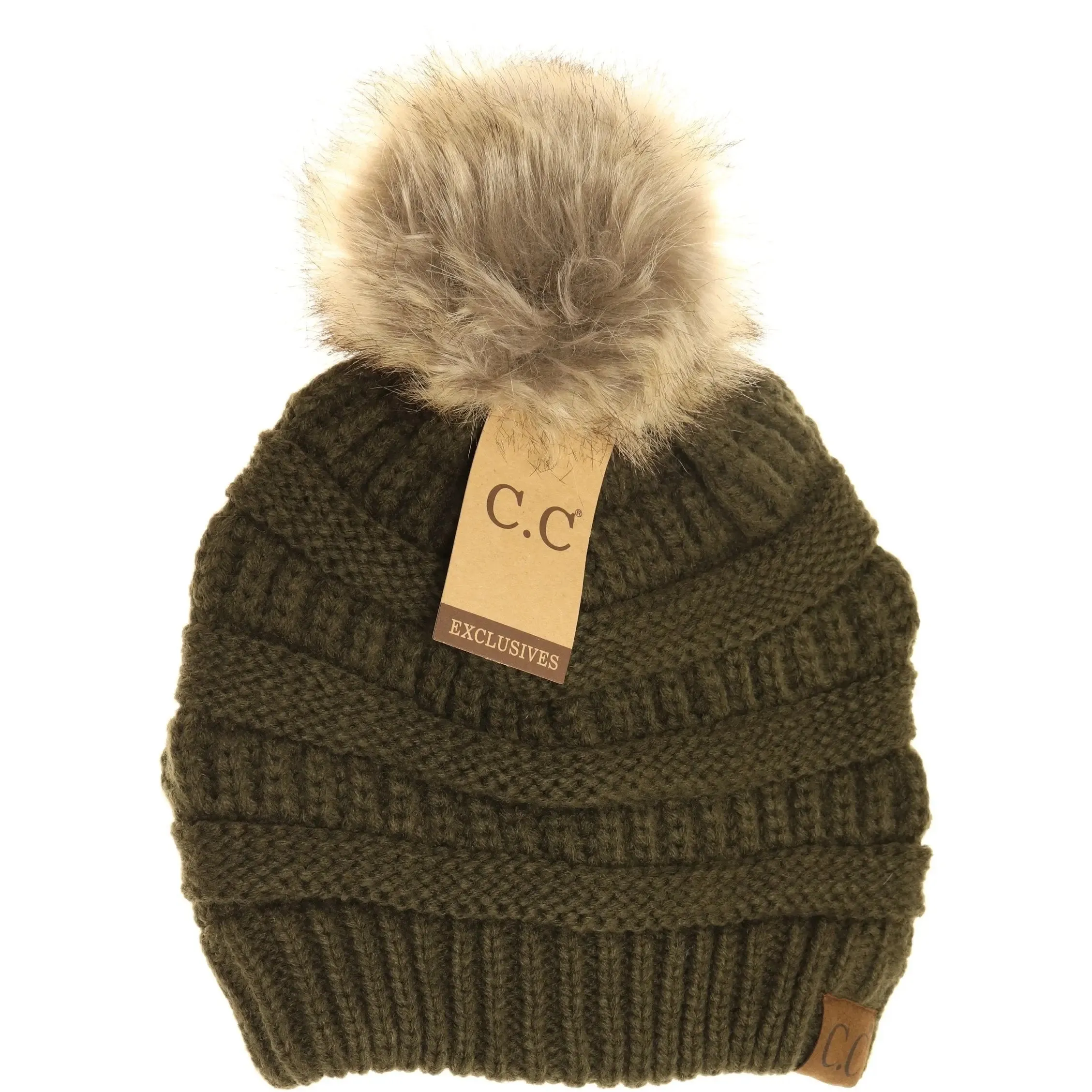 Womens CC Beanie w/ Fur Pom  Cozy Knit with a Chic Touch