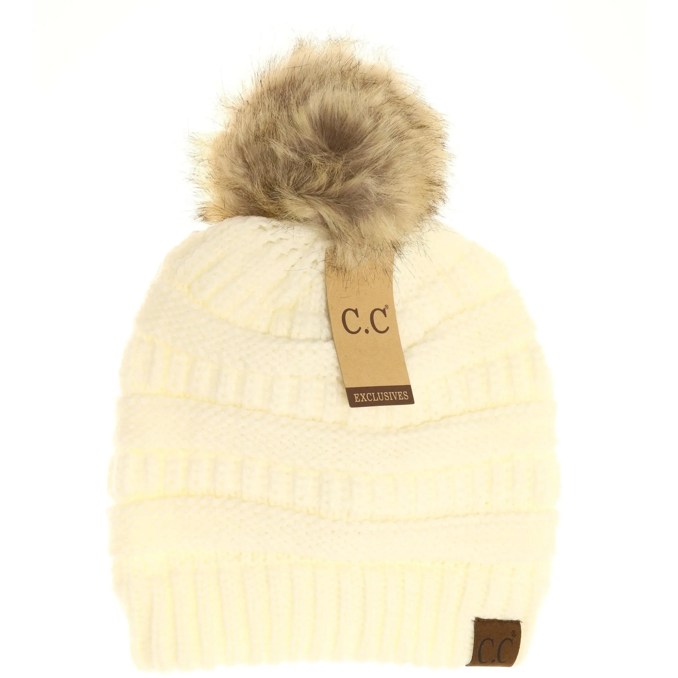 Womens CC Beanie w/ Fur Pom  Cozy Knit with a Chic Touch