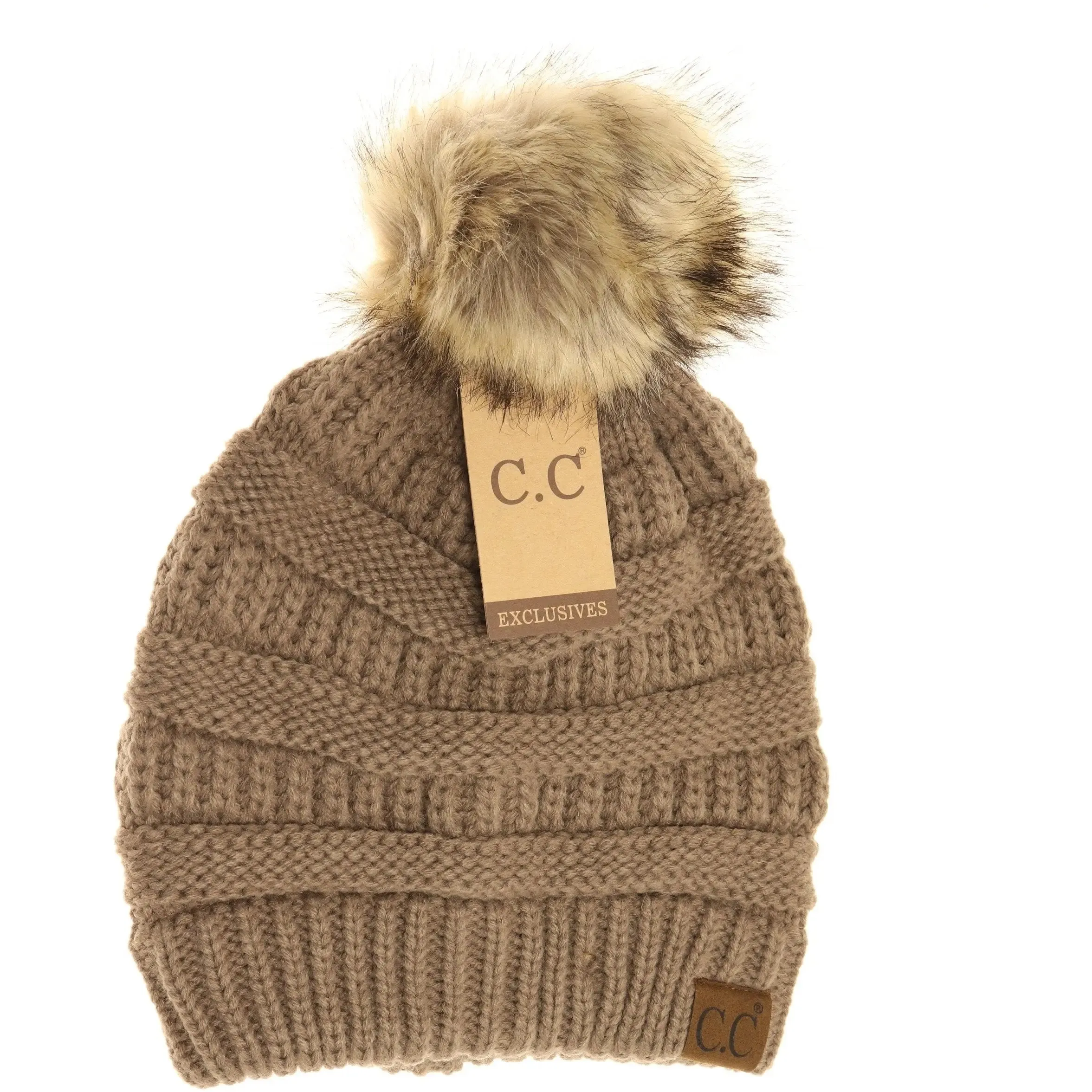 Womens CC Beanie w/ Fur Pom  Cozy Knit with a Chic Touch