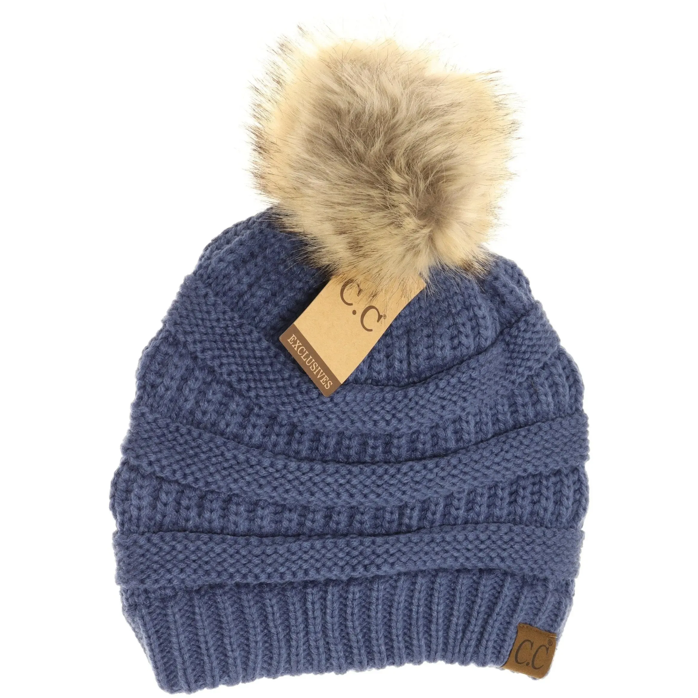 Womens CC Beanie w/ Fur Pom  Cozy Knit with a Chic Touch