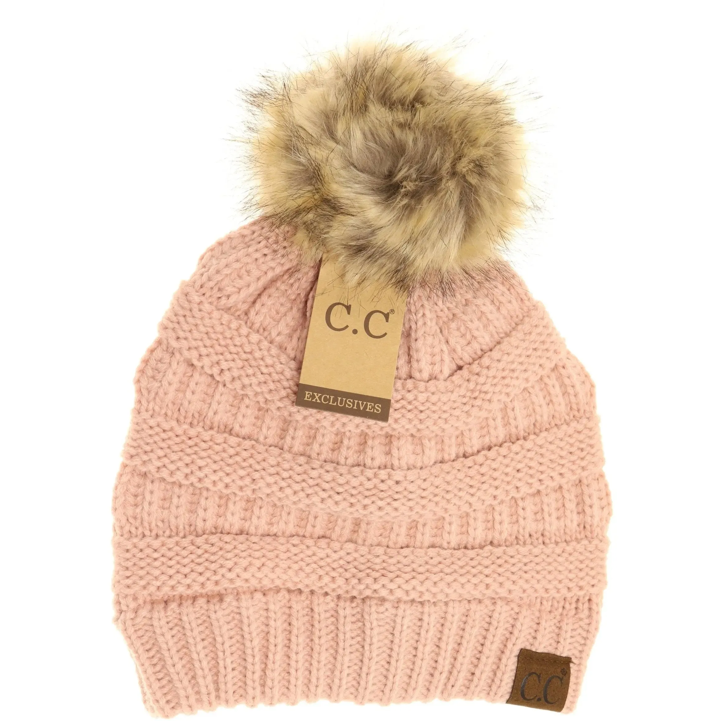 Womens CC Beanie w/ Fur Pom  Cozy Knit with a Chic Touch