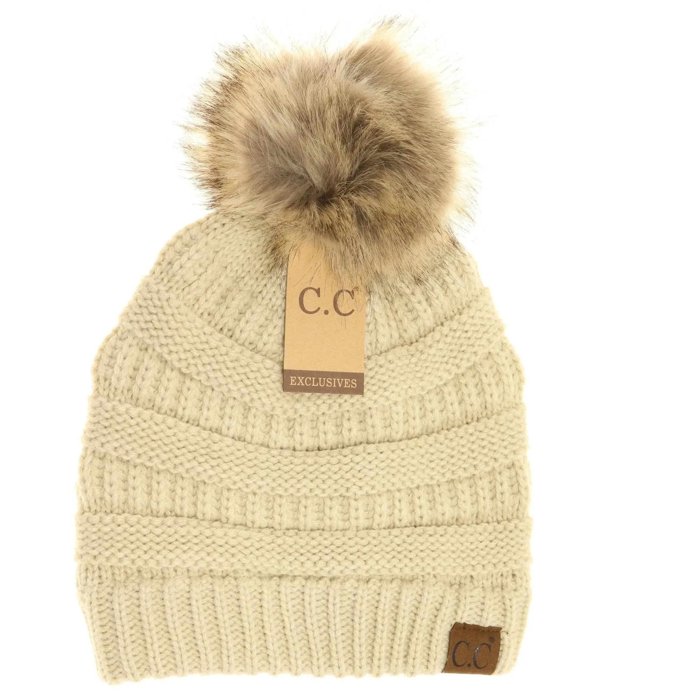 Womens CC Beanie w/ Fur Pom  Cozy Knit with a Chic Touch