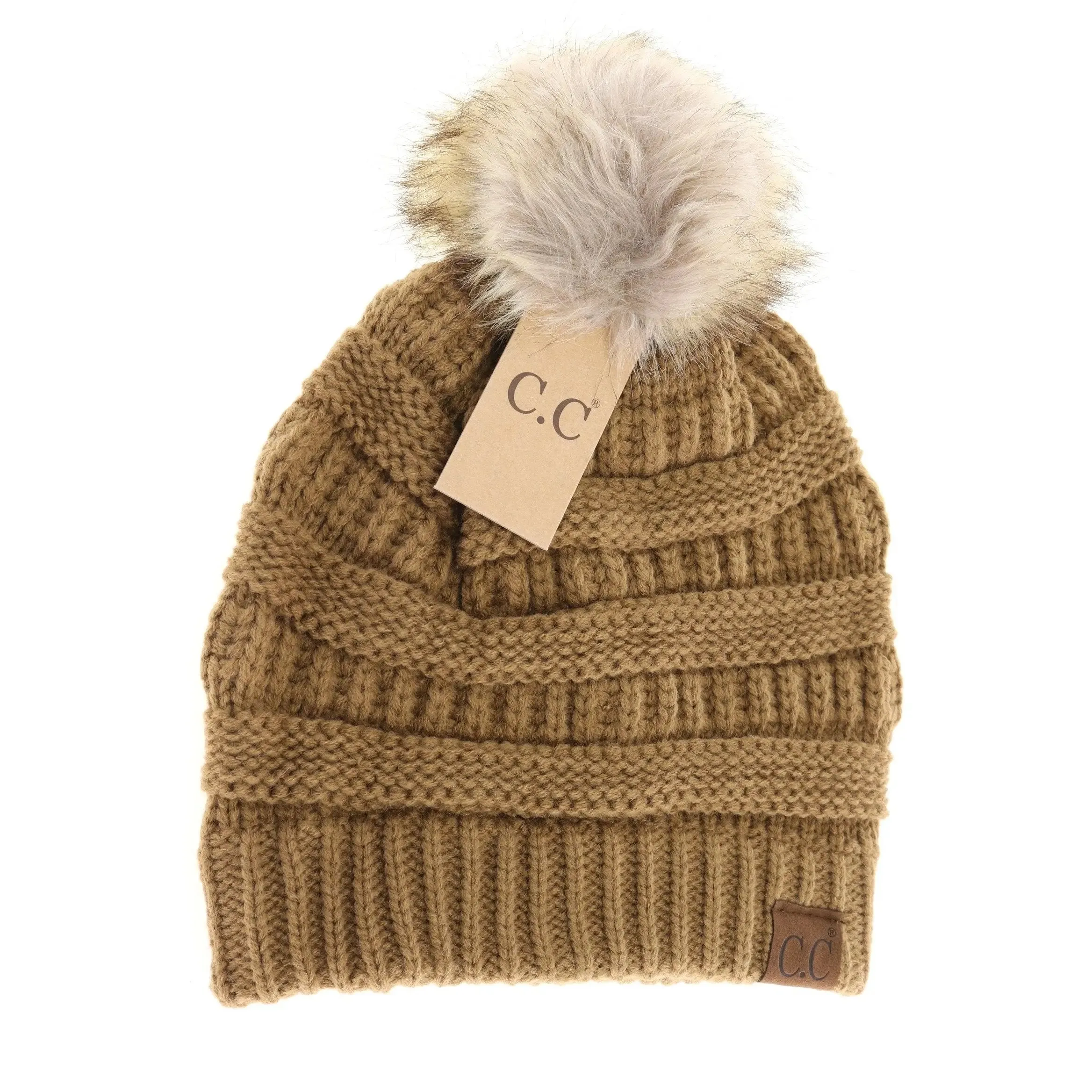 Womens CC Beanie w/ Fur Pom  Cozy Knit with a Chic Touch