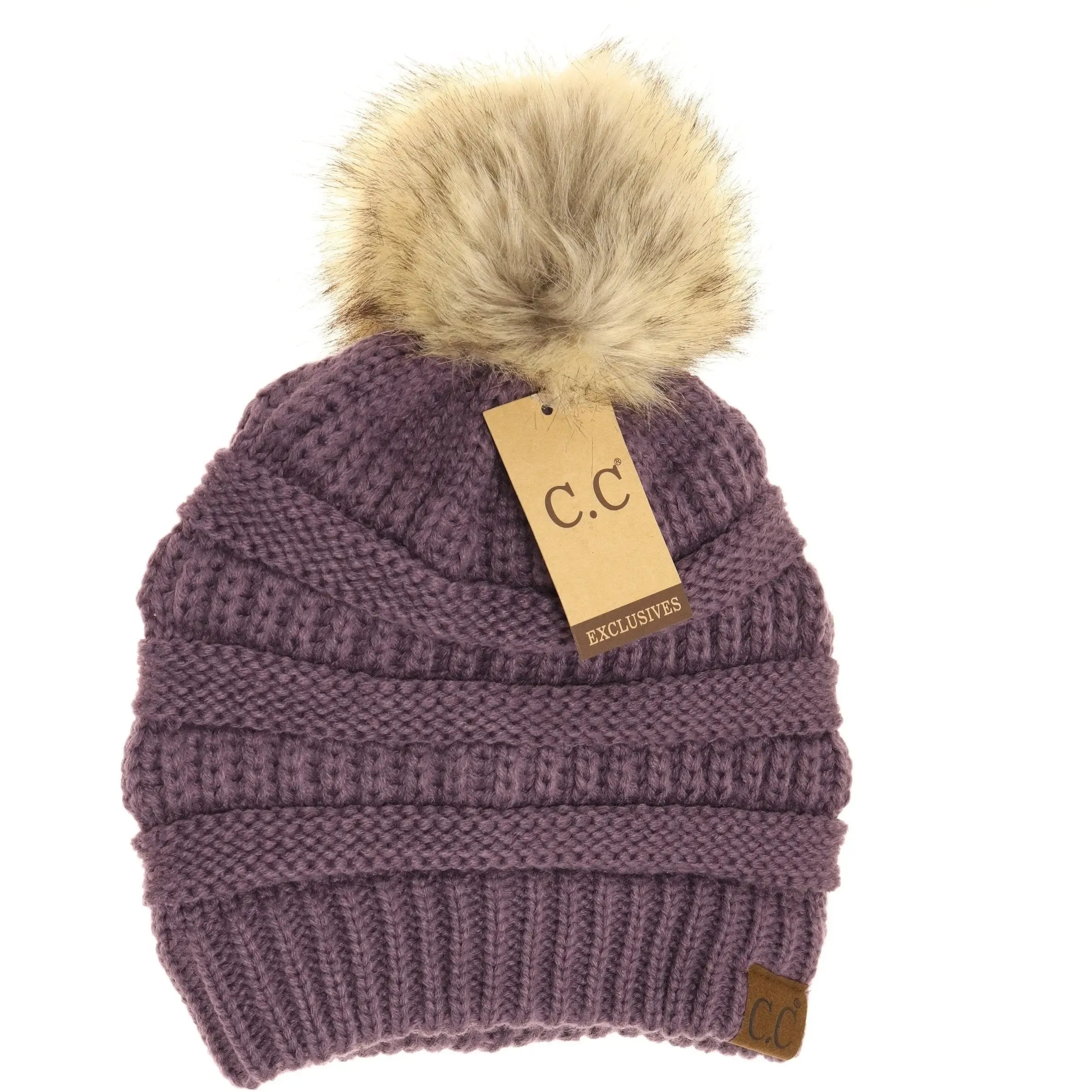 Womens CC Beanie w/ Fur Pom  Cozy Knit with a Chic Touch