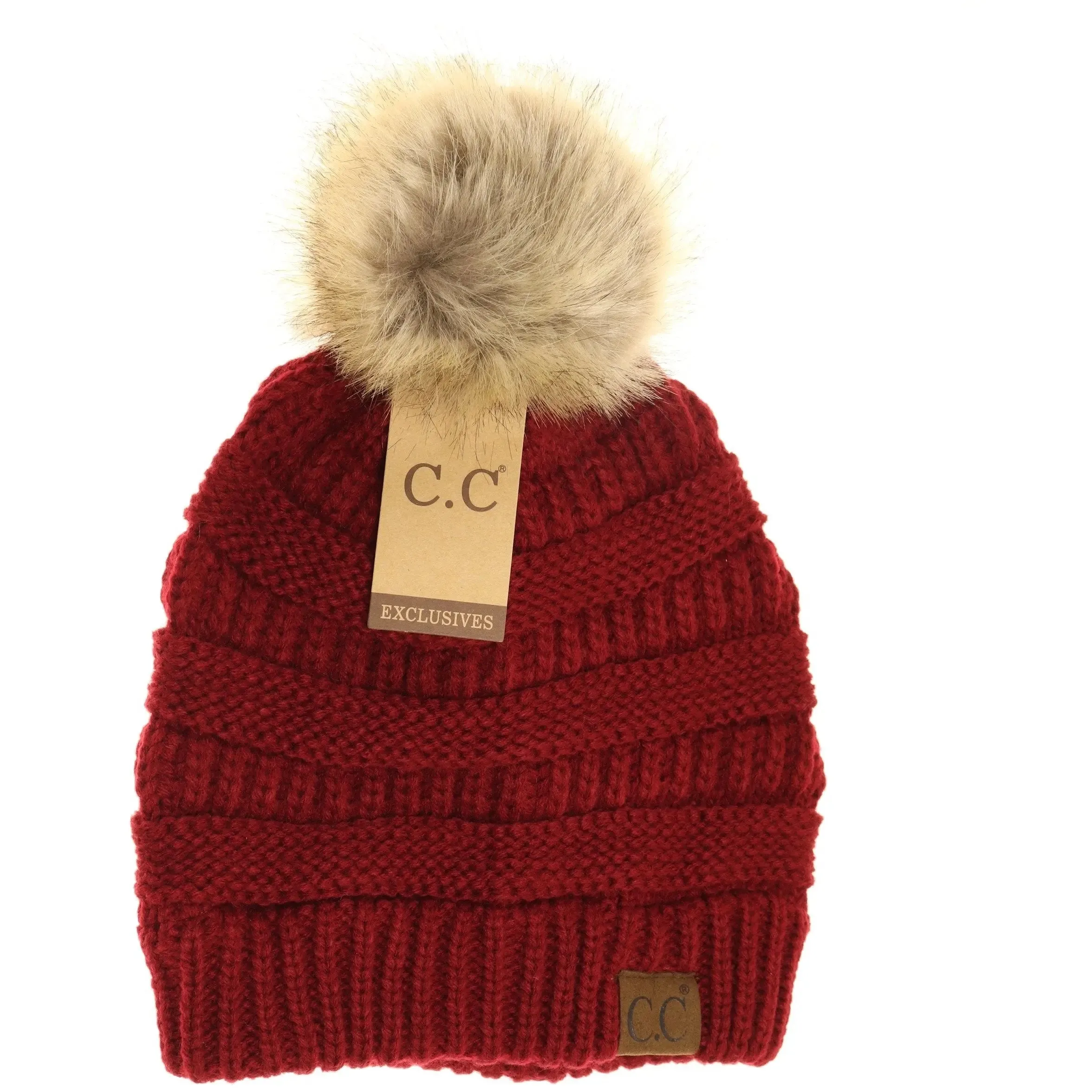 Womens CC Beanie w/ Fur Pom  Cozy Knit with a Chic Touch