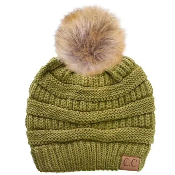 Womens CC Beanie w/ Fur Pom  Cozy Knit with a Chic Touch