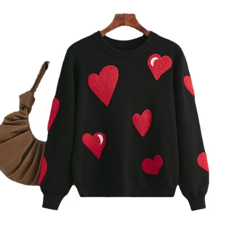 Women's Graceful And Fashionable Love Flocking Pullover Soft Glutinous Sweater Top