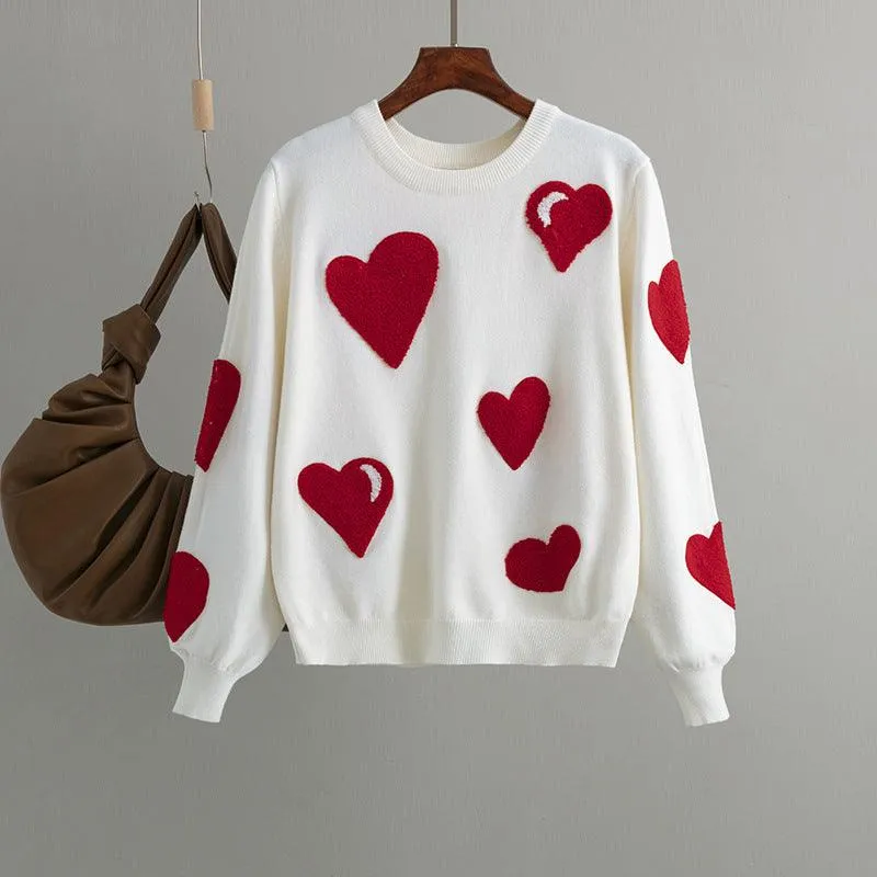 Women's Graceful And Fashionable Love Flocking Pullover Soft Glutinous Sweater Top