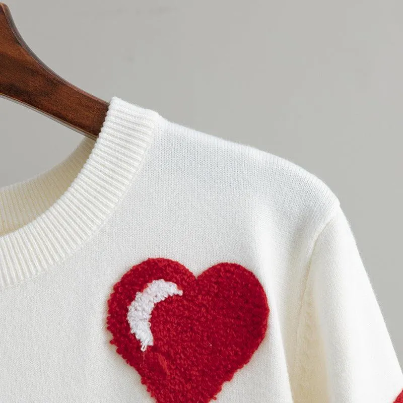 Women's Graceful And Fashionable Love Flocking Pullover Soft Glutinous Sweater Top