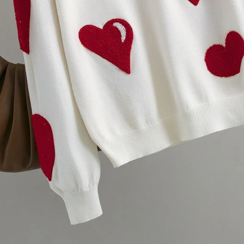 Women's Graceful And Fashionable Love Flocking Pullover Soft Glutinous Sweater Top